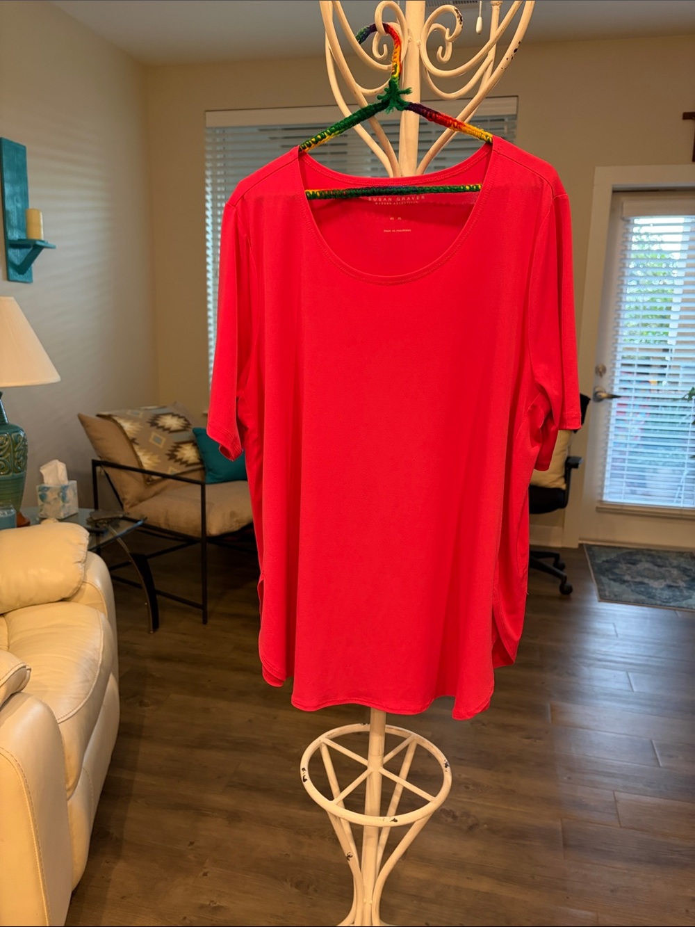 Susan Graver Bright Pink Scoop Neck Cute Hem Slit Short Sleeve Top Size XL